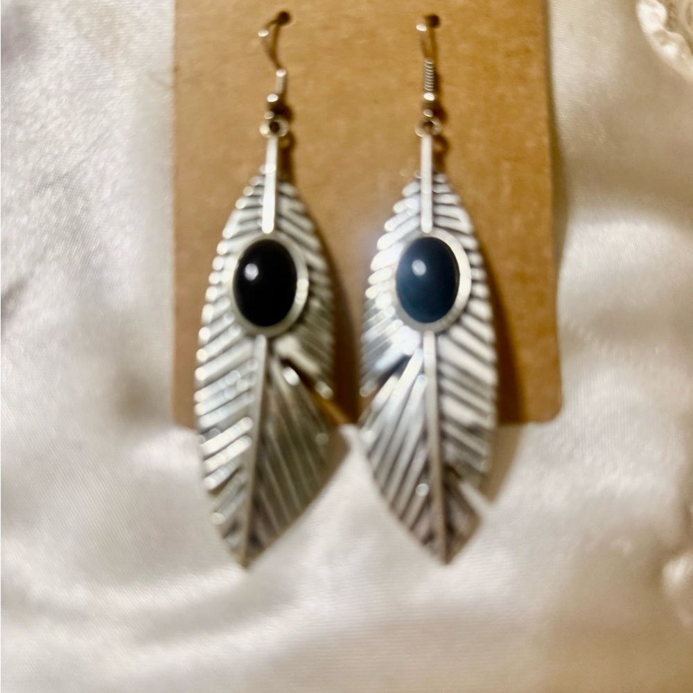 Silver Leaf Earrings with Black Accents